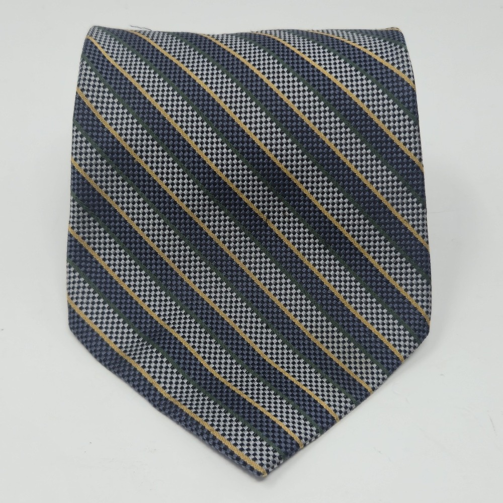 Daniel De Fasson Studio Blue Gold Gray Striped Micro Houndstooth Silk Tie 4"